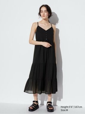 Uniqlo Women's Crinkle Cotton Camisole Midi Black Dress Size M Minimalist Casual